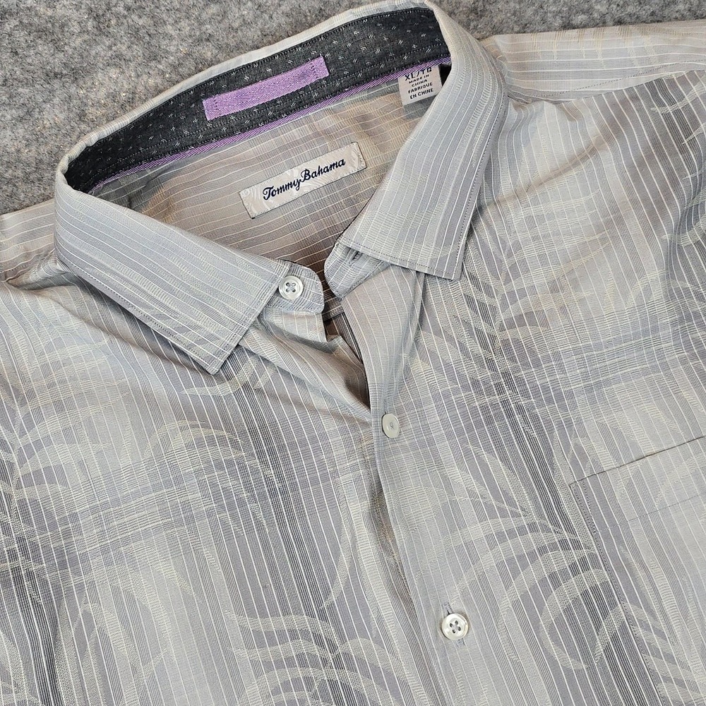 Tommy Bahama Shirt Mens Extra Large Gray Leaf Print Cotton Silk Dress Casual
